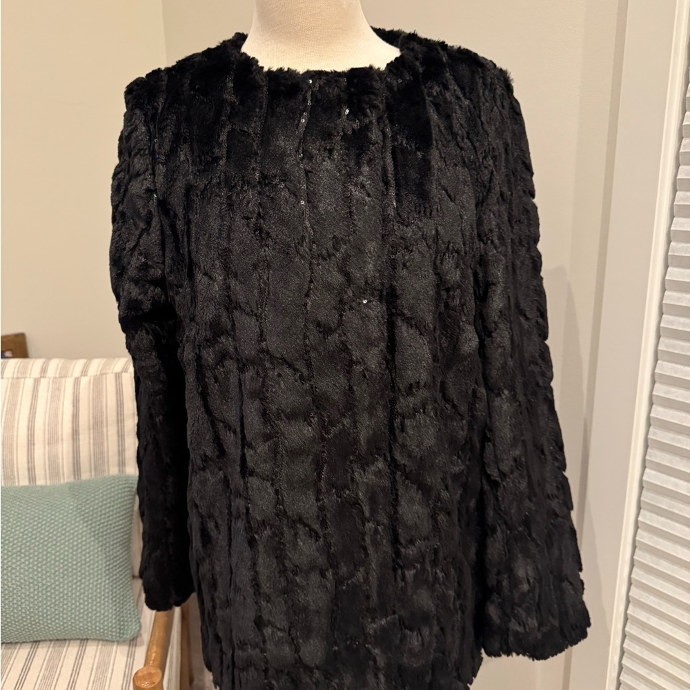 Elegant Black Faux Fur and Sequin Jacket